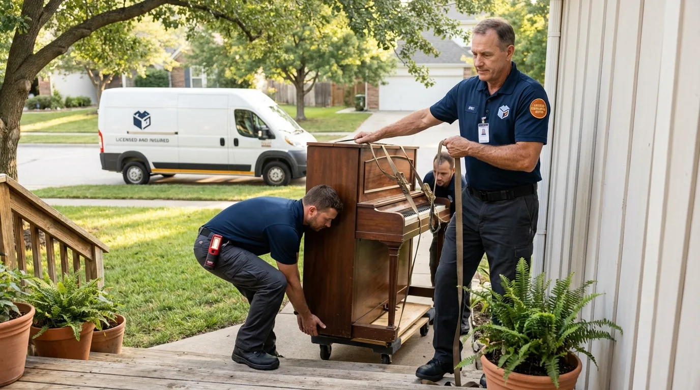 Licensed piano movers securing grand piano in Dollar Bay, MI